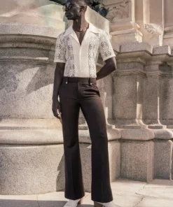 Dark Brown Wool Pin Belt Flare Trousers