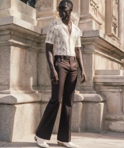 Dark Brown Wool Pin Belt Flare Trousers -US Clothing Shop DSC8875