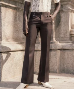 Dark Brown Wool Pin Belt Flare Trousers -US Clothing Shop DSC8888