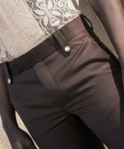 Dark Brown Wool Pin Belt Flare Trousers -US Clothing Shop DSC8909