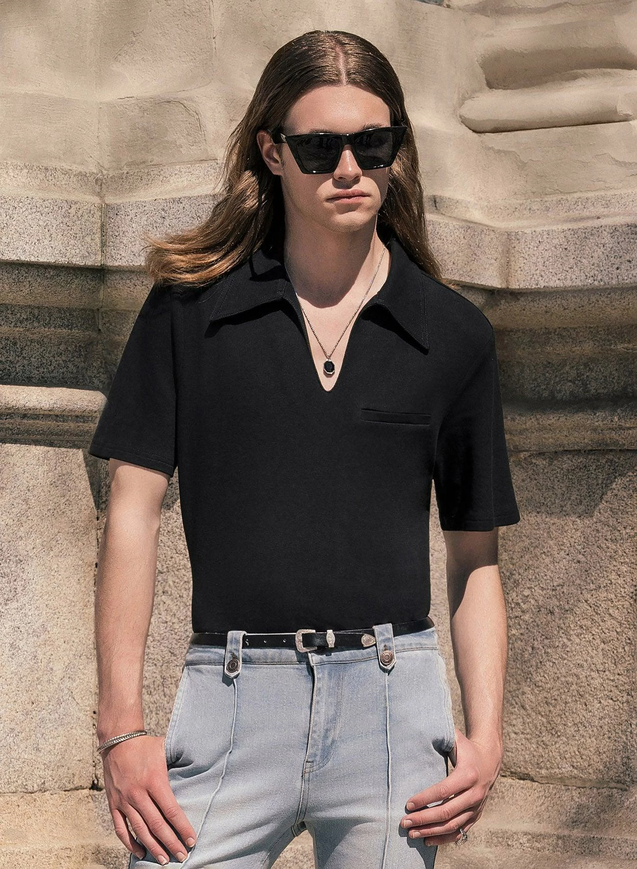 70's V Neck Black Polo 2 70's V Neck Black Polo - Image 2
