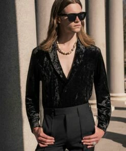 Black Crushed Velvet Shawl Collar Shirt