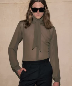 Olive Green High Neck Chiffon Tie Shirt