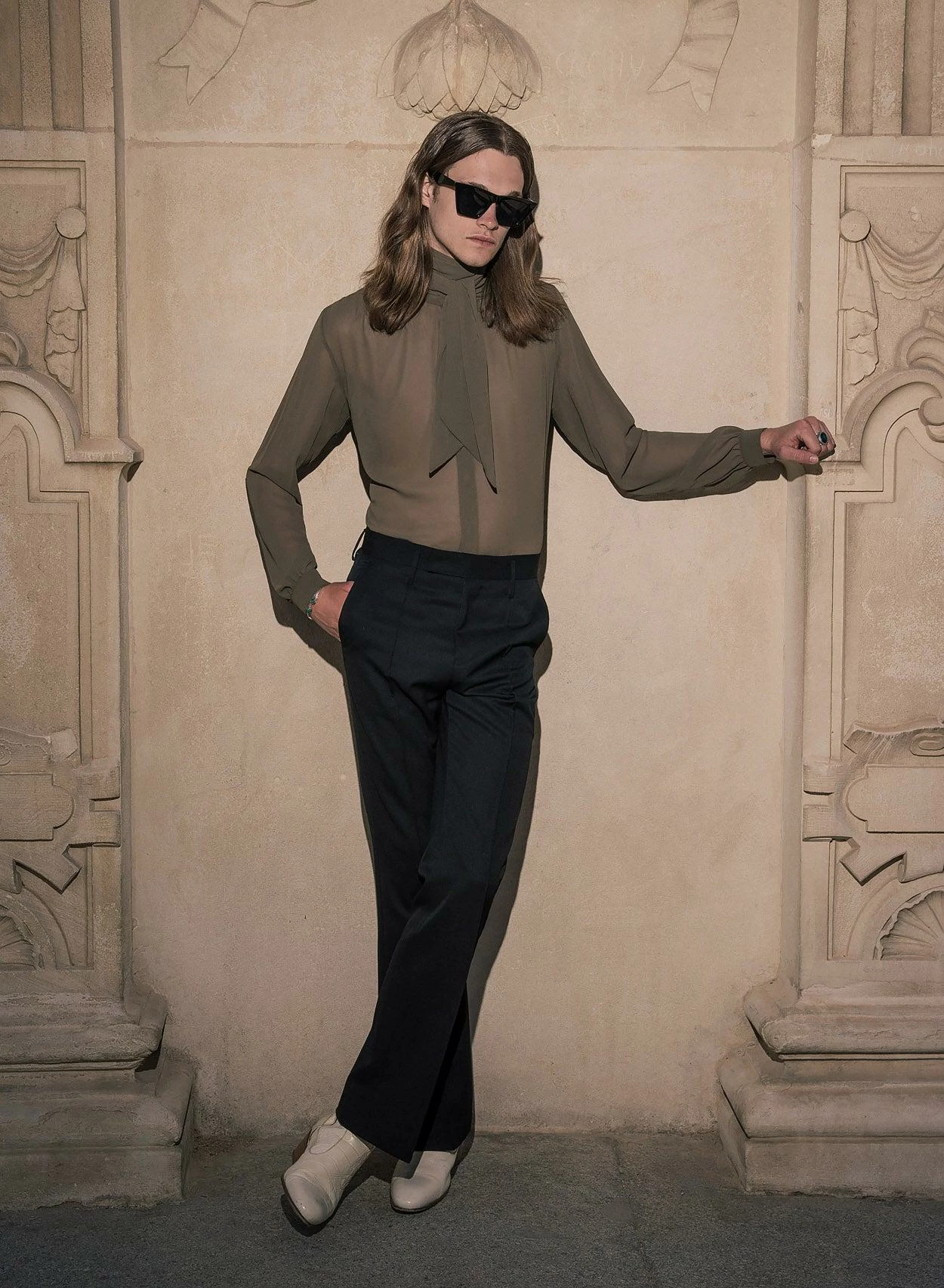 Olive Green High Neck Chiffon Tie Shirt 2 Olive Green High Neck Chiffon Tie Shirt - Image 2