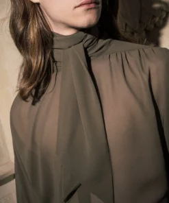 Olive Green High Neck Chiffon Tie Shirt 7 Olive Green High Neck Chiffon Tie Shirt -US Clothing Shop DSC9544