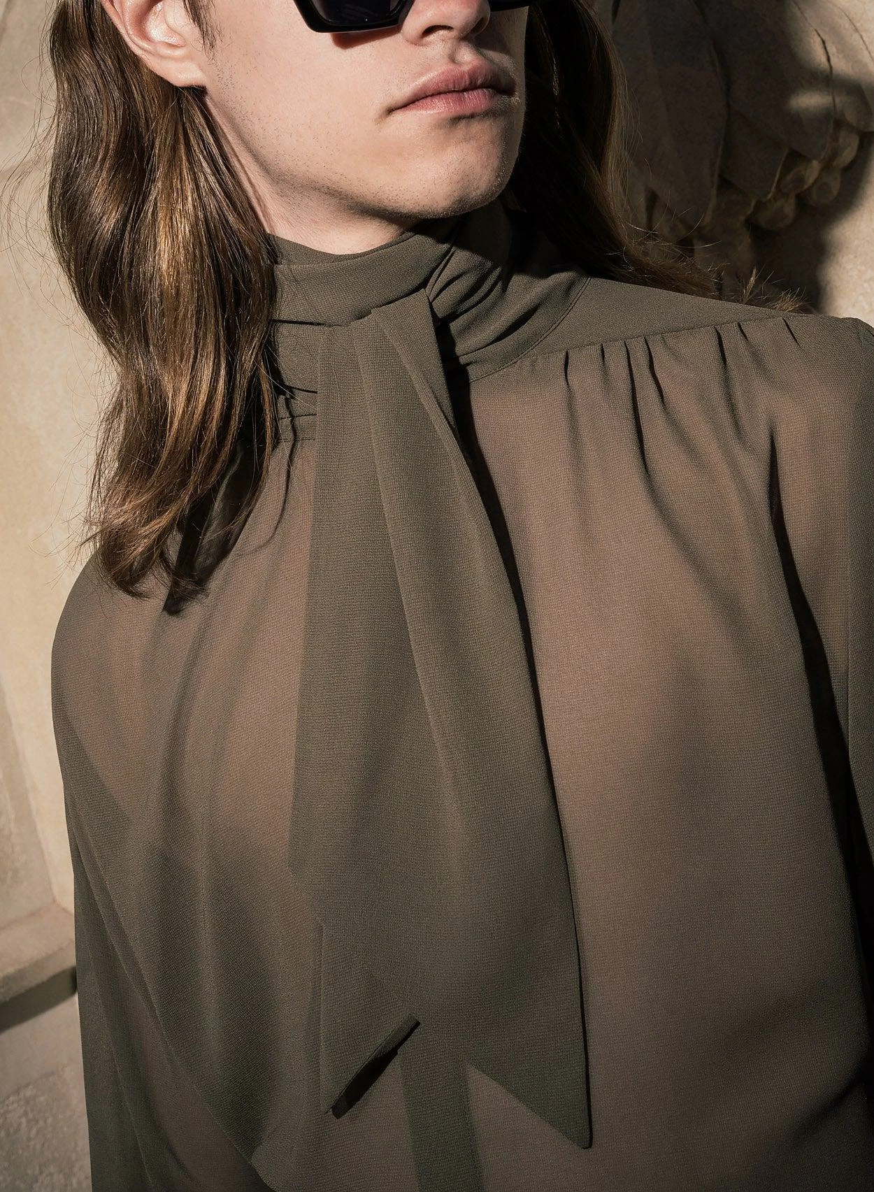 Olive Green High Neck Chiffon Tie Shirt 3 Olive Green High Neck Chiffon Tie Shirt - Image 3