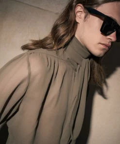 Olive Green High Neck Chiffon Tie Shirt 8 Olive Green High Neck Chiffon Tie Shirt -US Clothing Shop DSC9569