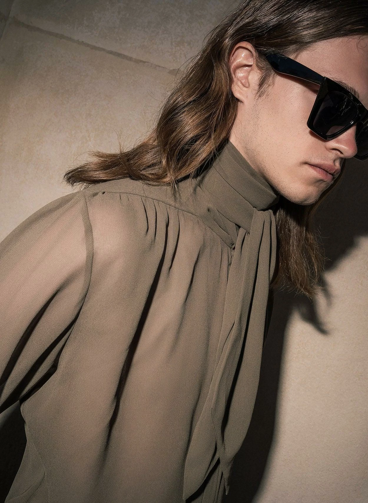 Olive Green High Neck Chiffon Tie Shirt 4 Olive Green High Neck Chiffon Tie Shirt - Image 4