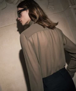 Olive Green High Neck Chiffon Tie Shirt 9 Olive Green High Neck Chiffon Tie Shirt -US Clothing Shop DSC9574