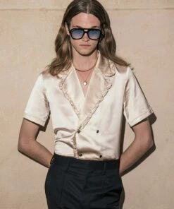 Front Page 27 Champagne Satin Ruffle Lapel Shirt