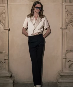 Champagne Satin Ruffle Lapel Shirt -US Clothing Shop DSC9651