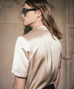 Champagne Satin Ruffle Lapel Shirt -US Clothing Shop DSC9675