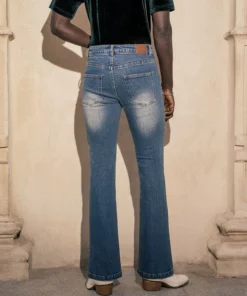 Stonewash Blue Denim Button Front Flared Jeans -US Clothing Shop DSC9911