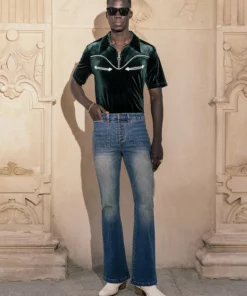 Stonewash Blue Denim Button Front Flared Jeans