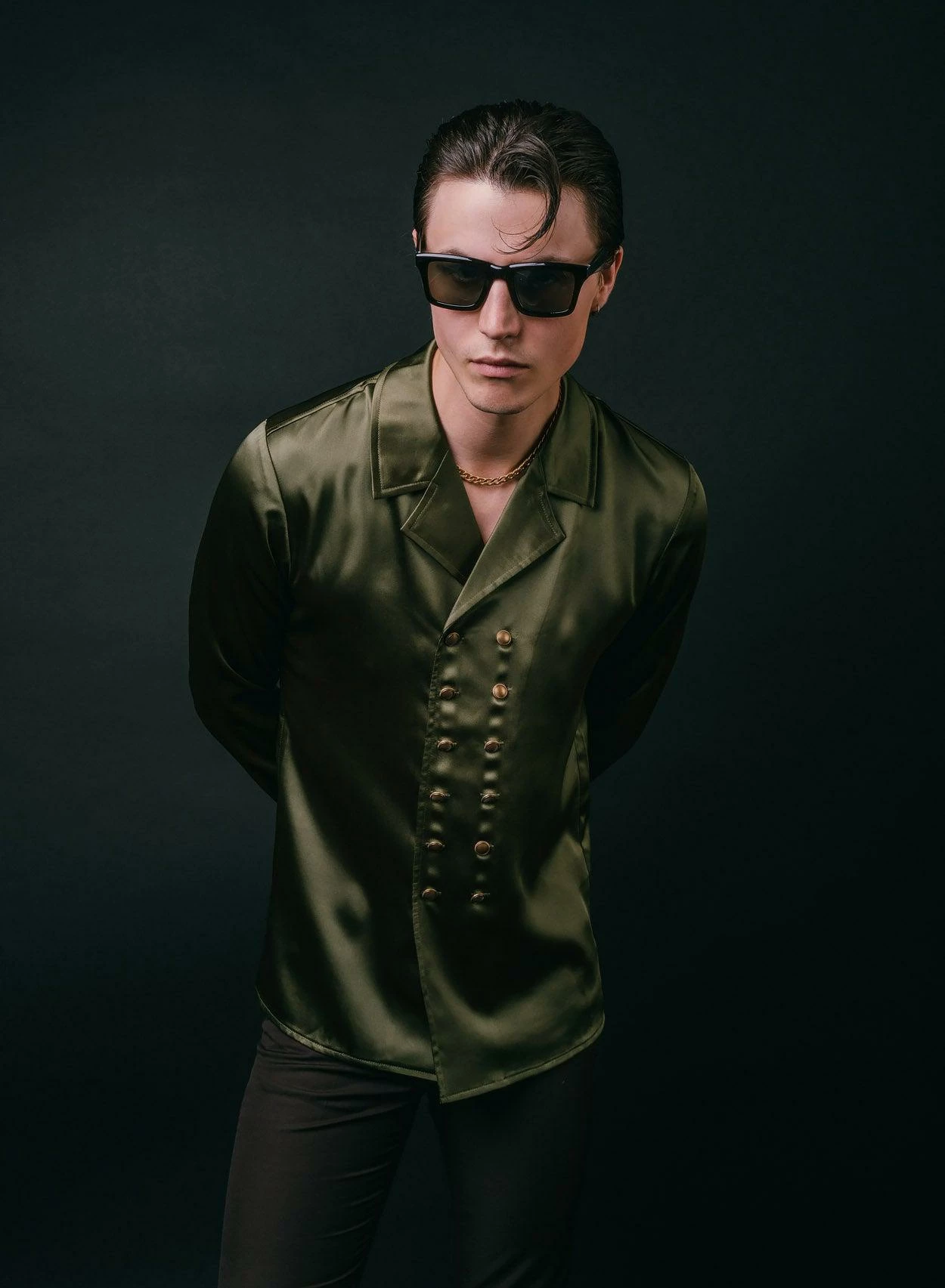 Green Double Breasted Satin Shirt 2 Green Double Breasted Satin Shirt - Image 2