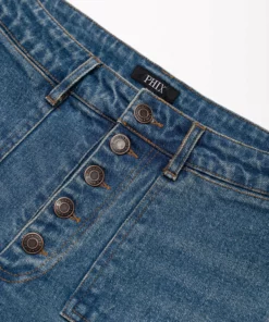 Stonewash Blue Denim Button Front Flared Jeans -US Clothing Shop GMB00146