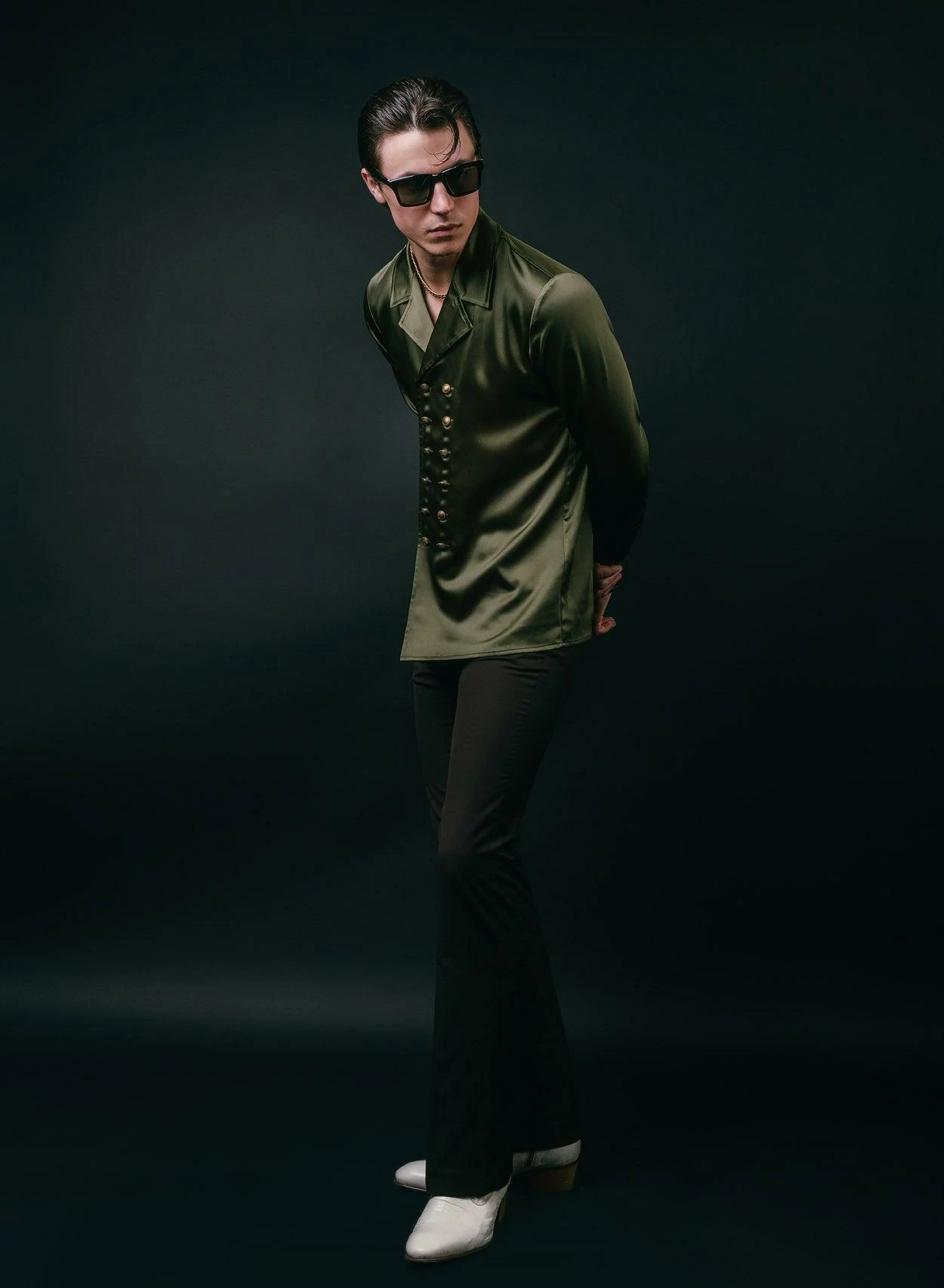 Green Double Breasted Satin Shirt 5 Green Double Breasted Satin Shirt - Image 5