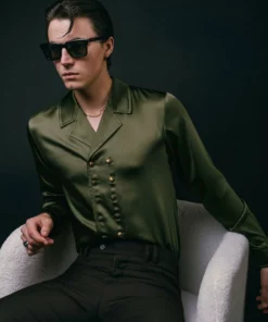 Green Double Breasted Satin Shirt 15 Green Double Breasted Satin Shirt -US Clothing Shop GMB00230 2