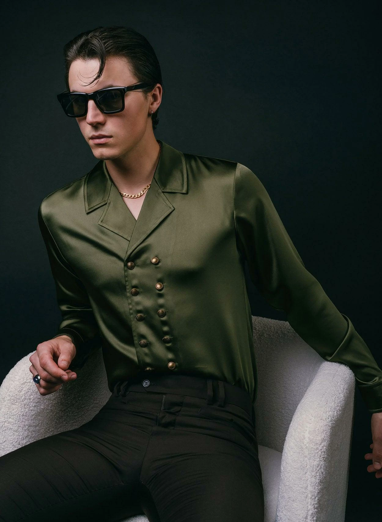 Green Double Breasted Satin Shirt 6 Green Double Breasted Satin Shirt - Image 6