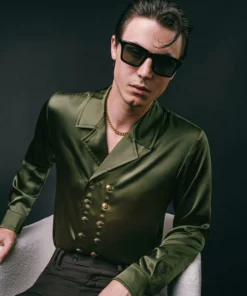 Green Double Breasted Satin Shirt