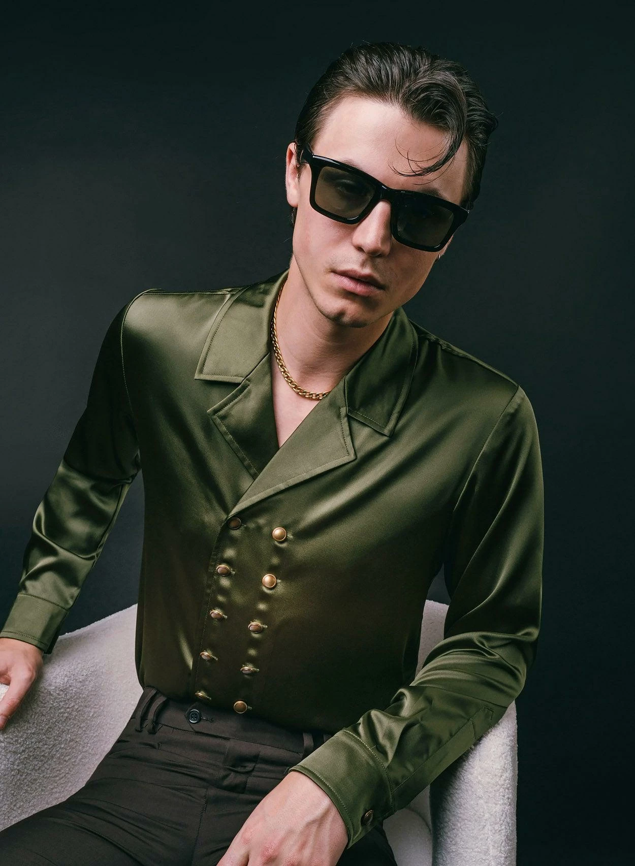 Green Double Breasted Satin Shirt 1 Green Double Breasted Satin Shirt