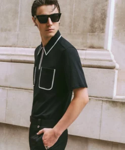 Black 70's Polo White Trim -US Clothing Shop GMB09773