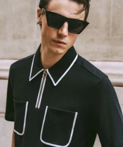 Black 70's Polo White Trim -US Clothing Shop GMB09775