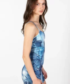 Patchwork Denim Print Mini Dress -US Clothing Shop Patchwork Denim Print Mini Dress 4 78329.1678229163