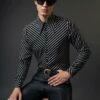 Black Symmetrical Pin Stripe Long Sleeve Viscose Shirt