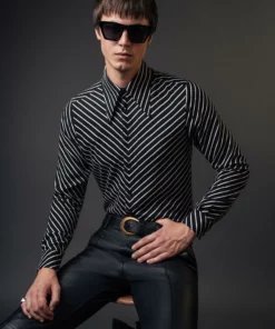Black Symmetrical Pin Stripe Long Sleeve Viscose Shirt