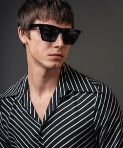 Black Symmetrical Pin Stripe Long Sleeve Viscose Shirt 12 Black Symmetrical Pin Stripe Long Sleeve Viscose Shirt -US Clothing Shop QOA00144