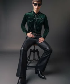 Green Velvet Western Shirt -US Clothing Shop QOA00153