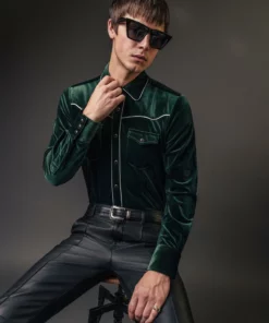 Green Velvet Western Shirt -US Clothing Shop QOA00217