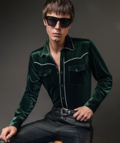 Green Velvet Western Shirt -US Clothing Shop QOA00290