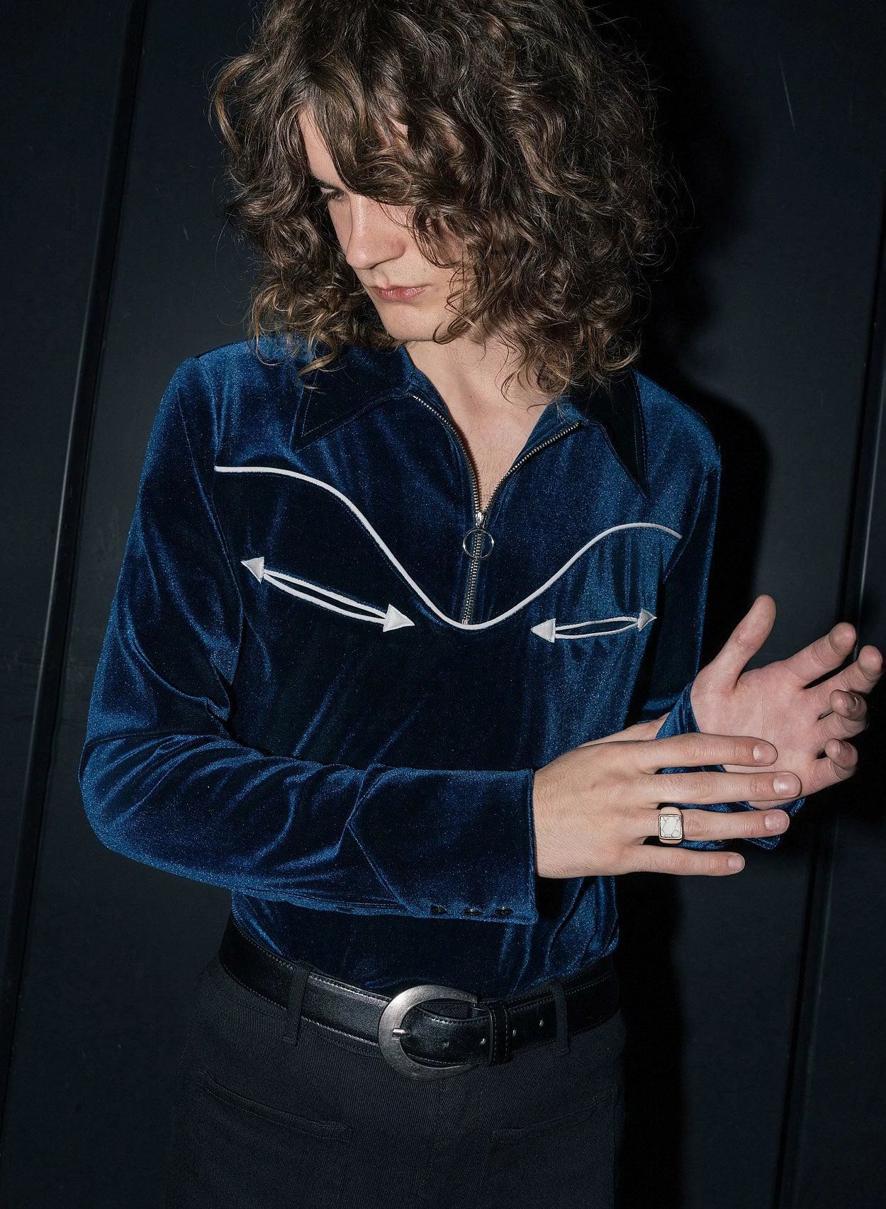 Western Blue Teal Piped Velvet Shirt 2 Western Blue Teal Piped Velvet Shirt - Image 2