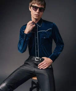 Teal Velvet Western Shirt -US Clothing Shop QOA00392