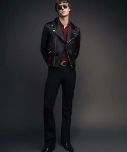 Black Satin Biker Jacket -US Clothing Shop QOA00676