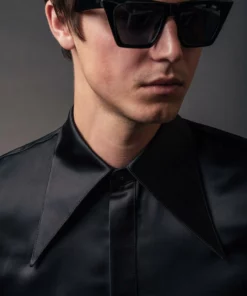 Black Satin Oversize Pointed Collar Shirt -US Clothing Shop QOA00848