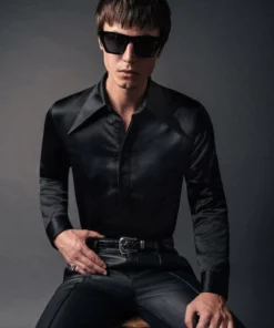 Black Satin Oversize Pointed Collar Shirt