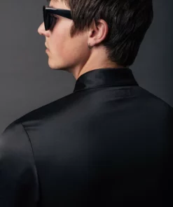 Black Satin Oversize Pointed Collar Shirt -US Clothing Shop QOA00913