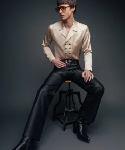 Champagne Double Breasted Satin Shirt 6 Champagne Double Breasted Satin Shirt -US Clothing Shop QOA01033