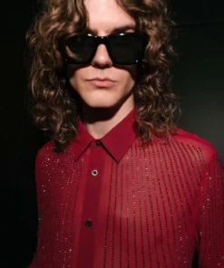 Red Chiffon Sequin Button Down Shirt