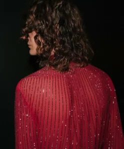 Red Chiffon Sequin Button Down Shirt -US Clothing Shop QOA03647