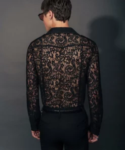 Black Lace Paisley 70's Collar Shirt -US Clothing Shop QOA03930