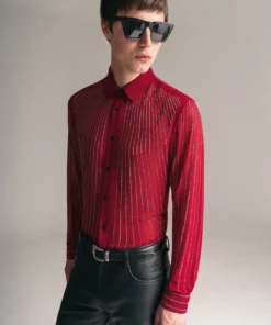 Red Chiffon Sequin Button Down Shirt -US Clothing Shop QOA04306