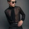 Black Semi Sheer Chiffon Scarf Tie Collar Shirt