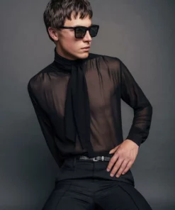 Black Semi Sheer Chiffon Scarf Tie Collar Shirt