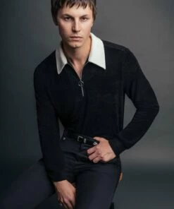 Front Page 35 Long Sleeve Terry 70's Zip Polo