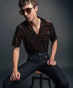 Black Wool Gold Button Flare Trouser -US Clothing Shop QOA05908