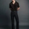 Black Wool Gold Button Flare Trouser